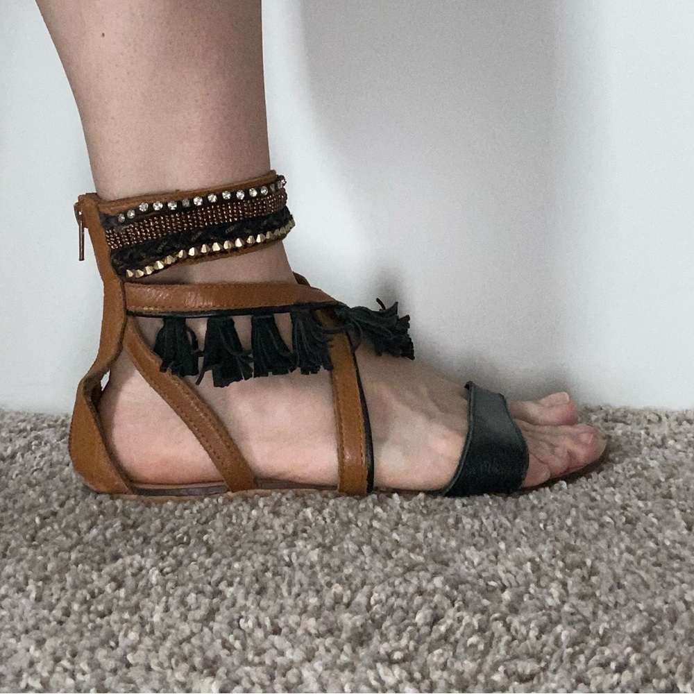 Brown and Black Sandals with Fringe and Ankle Cuff